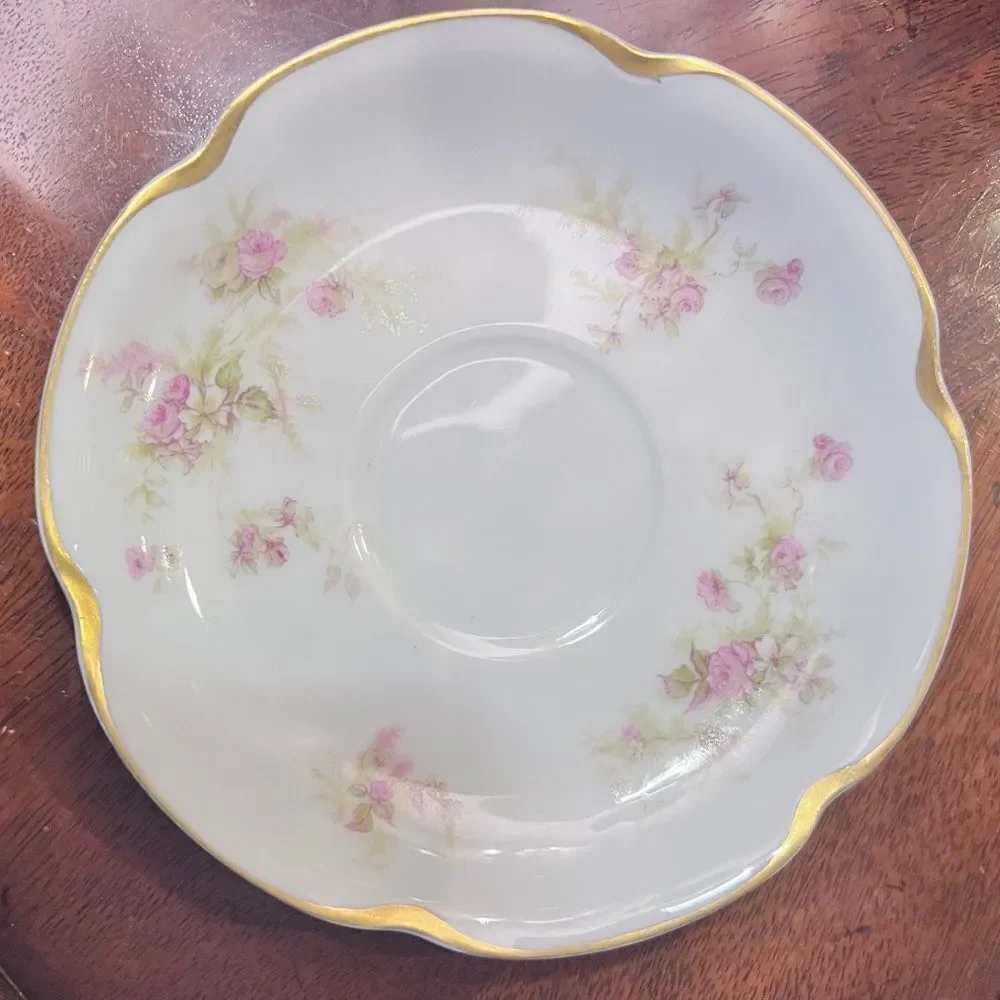 Porcelain Haviland Limoges France tea cup saucer pink green floral gold accent